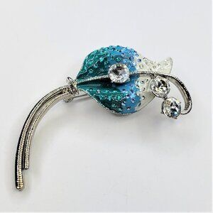 LARGE Blue and White Crystal Leaf Brooch